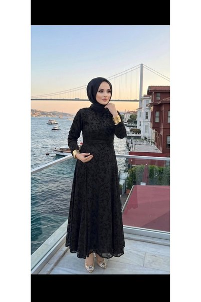 uzer giyim Kadın siyahFlok Baskı Detaylı Jakarlı Abiye / Tesettür Elbise