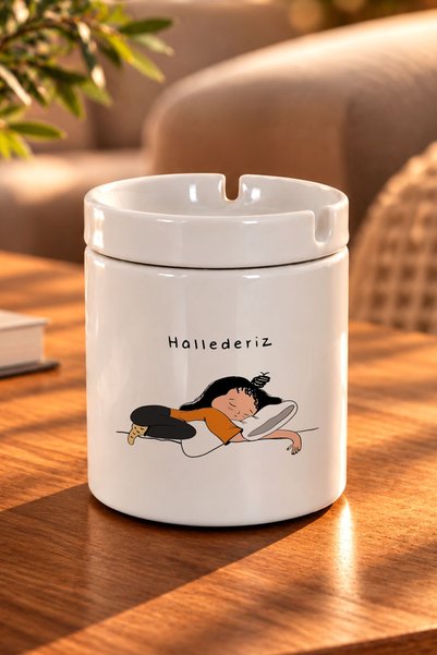 YasBey DESIGN Hallederiz Baskılı Beyaz Seramik Kokusuz Küllük