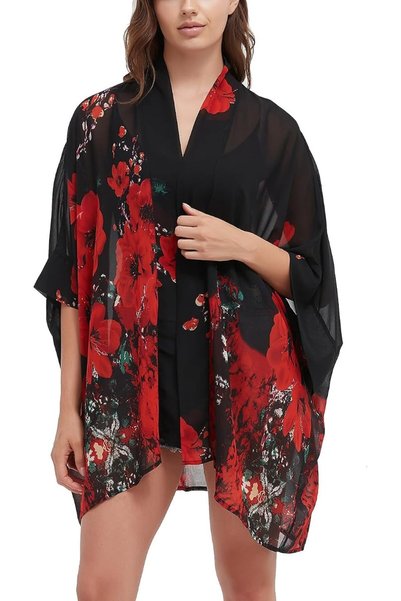MAXFIM Women's Loose Print Sheer Chiffon Kimono Beach Swim Cover up Cardigan ...