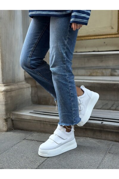 ERVANIN BUTİĞİ White Skin (Cerrely) Hidden Heel Padded Heel 8 cm Height Increasing Sneakers