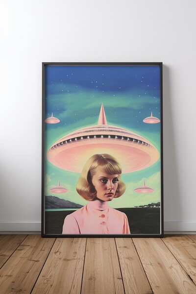 KEYFHOME UFO Babe Μαύρο Πλαίσιο MDF Πίνακας Αφίσα Σαλόνι Διακόσμηση Τοίχου Δώρο