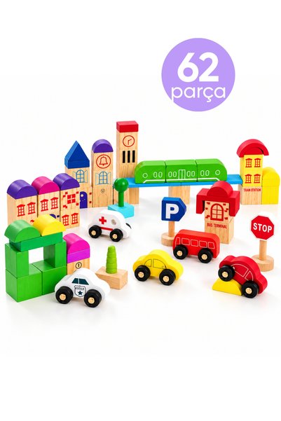 Nilberry Ahşap Şehir ve Trafik Oyun Seti Montessori Eğitici Yapı Blokları Oyu...