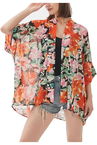 MAXFIM Women's Loose Print Sheer Chiffon Kimono Beach Swim Cover up Cardigan ...