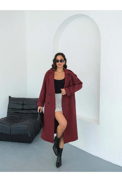 asur boutique معطف نسائي طويل عالي الجودة من أسور بوتيك بلون أحمر داكن مع حزام