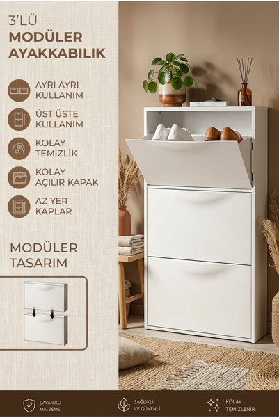 MİMOZA PARK 3’lü Modüler Ayakkabılık 51x114x16 cm Dar Alan Uyumlu Kapaklı Aya...