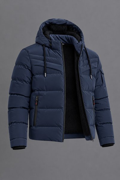DAMGA JEANS Men's Sporty Cut Hooded Puffer Jacket in Navy Blue