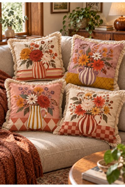 SasoHome Maison Bloom Premium Saçaklı 4’lü Kırlent Kılıfı Seti | Vintage Çiçe...