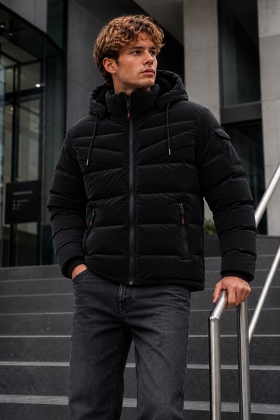 DAMGA JEANS معطف شتوي سميك قابل للنفخ للرجال باللون الأسود مع غطاء للرأس