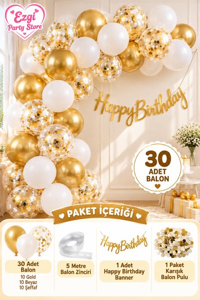 Ezgi Party Store Gold Beyaz Şeffaf Balon Zincir Seti Happy Birthday Doğum Gün...