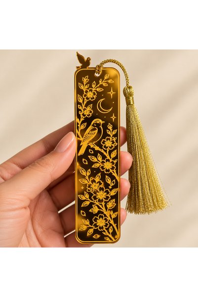 LMS GİFT 4X16 cm 2mm Mirrored Plexiglass Bookmark – Gold Color Tassels, Motif...