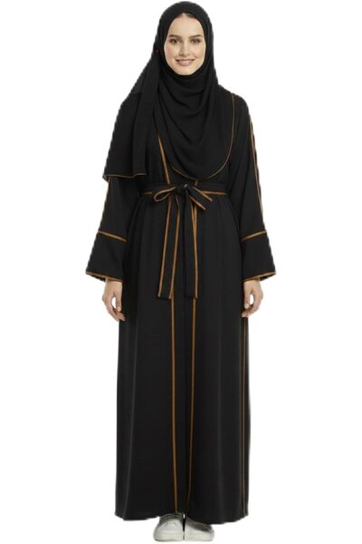 FASHIONGEN عباءة نسائية فاخرة سوداء مفتوحة من الأمام مع حجاب مطابق وشريط خصر ...