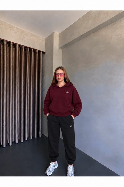 HAI COLLECTİON Burgundy 98 Printed Hooded Sweatshirt Jogger Pants Hat Socks 4...