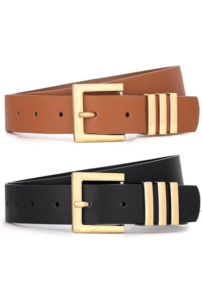 TERRIFI Women's PU Leather Belt Set, 2 Pack Fashion Belts with Square Gold Buckles for Jeans, Dresses and Pa