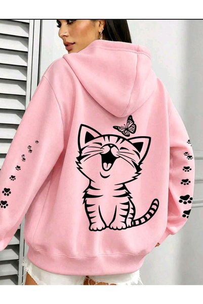 Ryam Mooda Women's Oversize 3 Thread Cat Printed Hooded Sweatshirt with Sleeve Detail