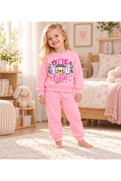 krm kerem bebe Girl's Cute Teddy Bear Printed 2-Piece Pajama Set