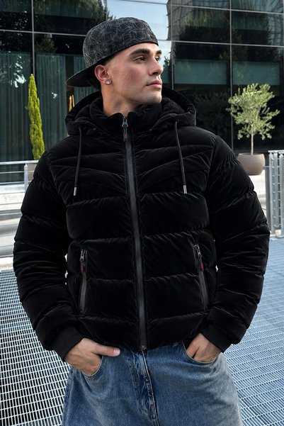 DAMGA JEANS معطف شتوي أسود سميك بقلنسوة وجيوب للرجال