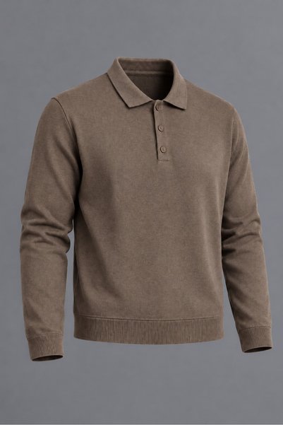 DAMGA JEANS Men's Polo Collar Buttoned Casual Knitwear Brown Sweater