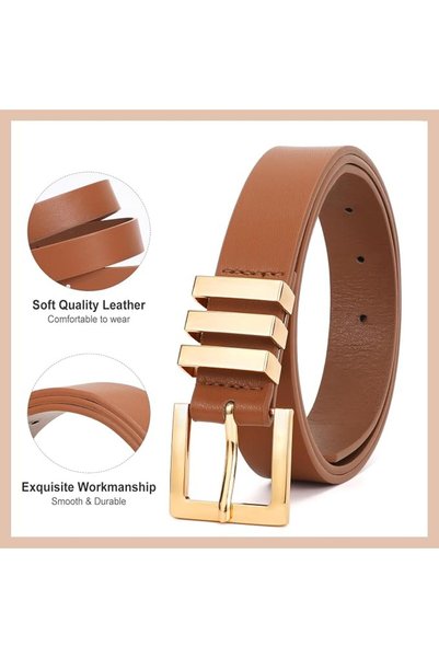TERRIFI Women's PU Leather Belt Set, 2 Pack Fashion Belts with Square Gold Buckles for Jeans, Dresses and Pa