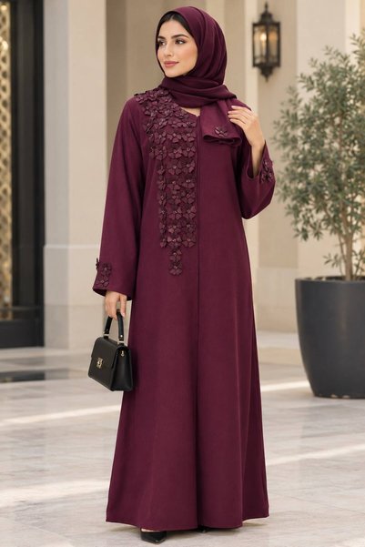 Zorah ABAYA | Royal Bloom Burgundy Abaya Premium 3D Floral Embellishments Ele...