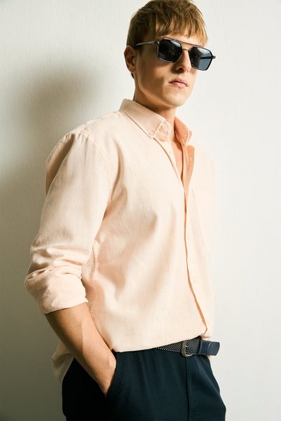 DeFacto Breathable Regular Fit Polo Collar Linen Blend Long Sleeve Blue Shirt...
