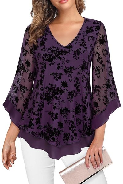 GENERAL Lotusmile Womens Dressy Blouse Double Layers Mesh Shirt Ruffle 3/4 Fl...