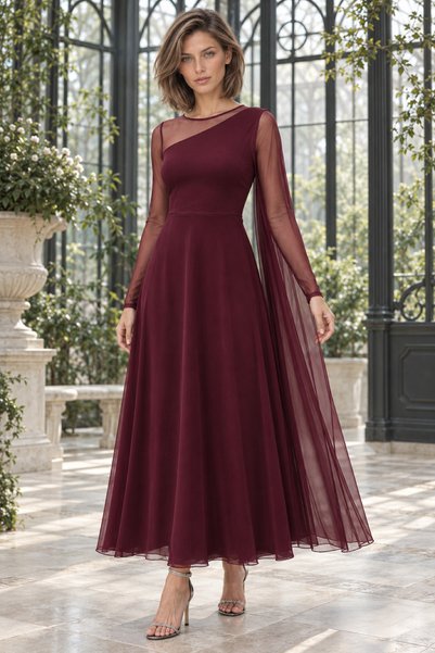 Generic Brand Timeless Elegance! Women's Tulle Detailed Asymmetrical Collar Long Sleeve A-Line Flared Evening Dress