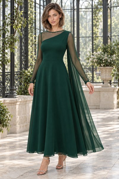 Generic Brand Timeless Elegance! Women's Tulle Detailed Asymmetrical Collar Long Sleeve A-Line Flared Evening Dress