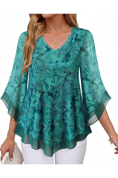 GENERAL Lotusmile Womens Dressy Blouse Double Layers Mesh Shirt Ruffle 3/4 Fl...