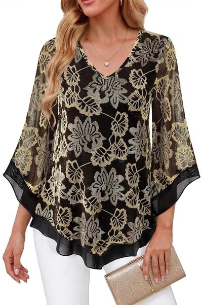 GENERAL Lotusmile Womens Dressy Blouse Double Layers Mesh Shirt Ruffle 3/4 Fl...