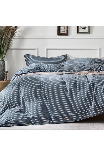 JELLYMONI Green Striped Duvet Cover Queen Size - 100% Washed Cotton Linen Lik...
