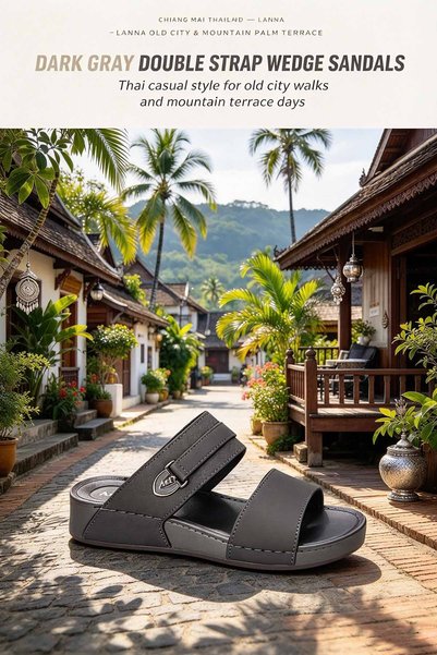 VivoGlobal Shop Men's Double Strap Wedge Slippers – Textured Upper with Shield Metal Badge & 4cm Thick Sole – Stable Height & Easy Slip-On for Everyday Wear
