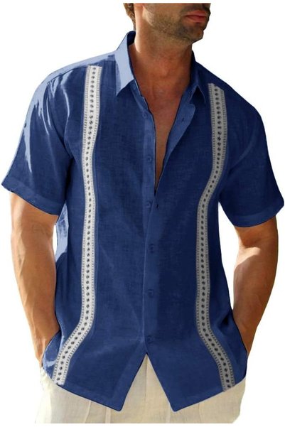 Generic Mens Short Sleeve Cuban Camp Guayabera Shirt Linen Cotton Hippie Beac...