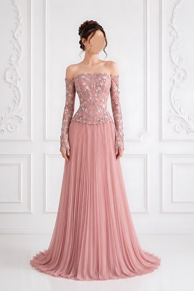 ranin فستان سهرة تول وردي ترابي بأكتاف مكشوفة وتطريز زهور بالخرز