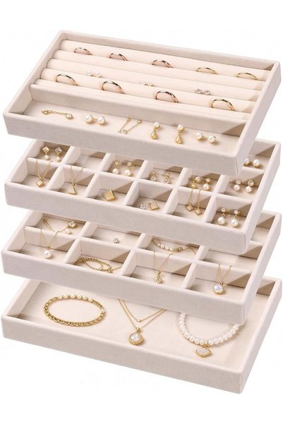 GENERAL 4 Pcs Beige Velvet Jewelry Trays, Stackable Drawer Organizer