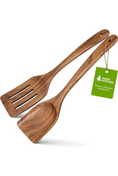Generic 2-Piece Wooden Spatula Set, Teak Wood Slotted & Solid Turner, Non-Sti...