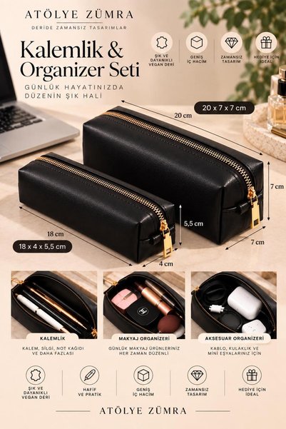 ATÖLYE ZÜMRA Vegan Deri İkili Kalemlik ve Organizer Seti (20x7x7 cm + 18x4x5,...