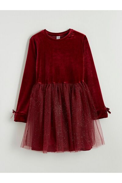 LC Waikiki LCW Kids Bordo Bisiklet Yaka Kadife Kız Çocuk Tütü Elbise