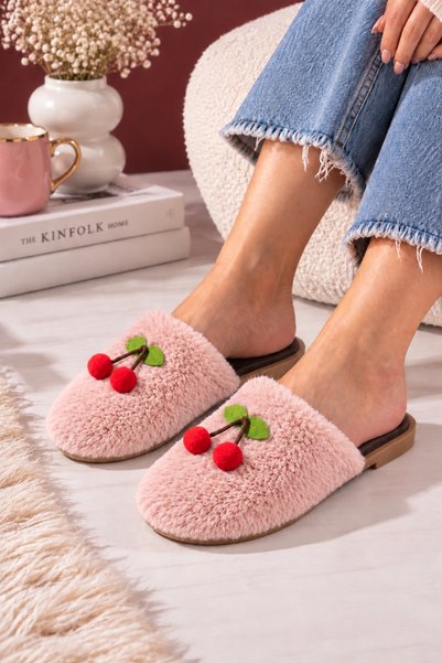STOCON Дамски плюшени домашни пантофи Cerise Cherry с детайли, затворени отпр...