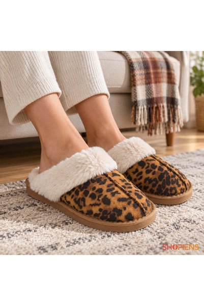SHOPIENS Papuci De Casa Dama Animal Print Cu Bordura Pufoasa Marime 39-40