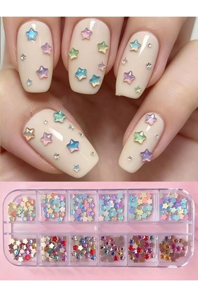 Choice 1Box 12pcs Summer Checkered Nail Stickers Y2K Mocha Starfish & Star Pa...