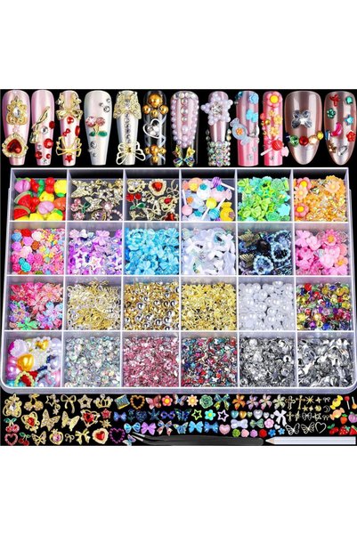 Choice Style A-1Box 24 Grid Nail Charms Kit AB Rhinestones Nail Pearls 3D Flo...