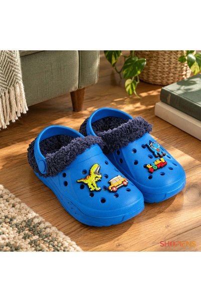SHOPIENS Papuci De Casa Copii Saboti Albastri Cu Dinozauri Marime 26-27