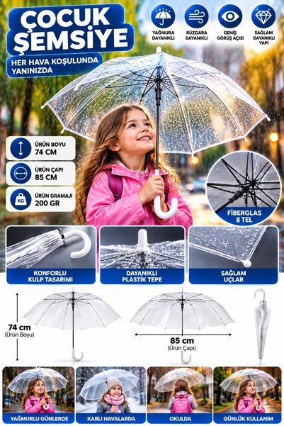 LED PAZARI ŞEFFAF ŞEMSİYE 8 telli DAYANIKLI 84 cm herkes için