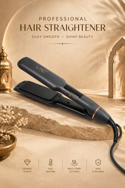 LAC Wide Black Ceramic Plate Hair Flat Iron LAC, 2 in 1 Straightener Curler, Fast Heating for Thick Long Frizzy