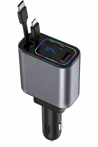 PRİZE Încărcător auto rapid Q9 120W cu 2 cabluri retractabile și port USB, Negru