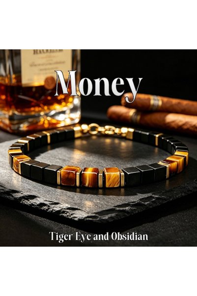 Choice 18cm Vintage-Style Tiger's Eye and Obsidian Square Beaded Money Bracel...