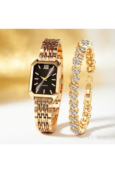 Choice Gold Black No Box 2PCS Fashion Rectangular Dial Women's Quartz Watch L...