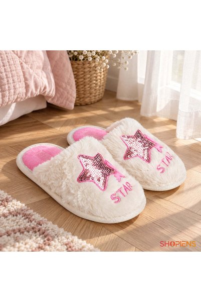 SHOPIENS Papuci De Casa Copii Pufosi Ecru Cu Stele Roz Din Paiete Marime 29-30