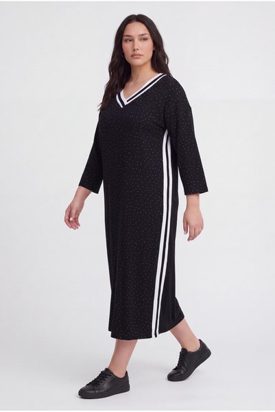 Ebsumu Women's Plus Size V-Neck Black Dress with Stone Detail and Side Stripes