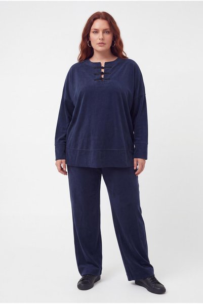 Ebsumu Women's Plus Size Slit and Pocketed Wide Leg Navy Blue Tracksuit Set